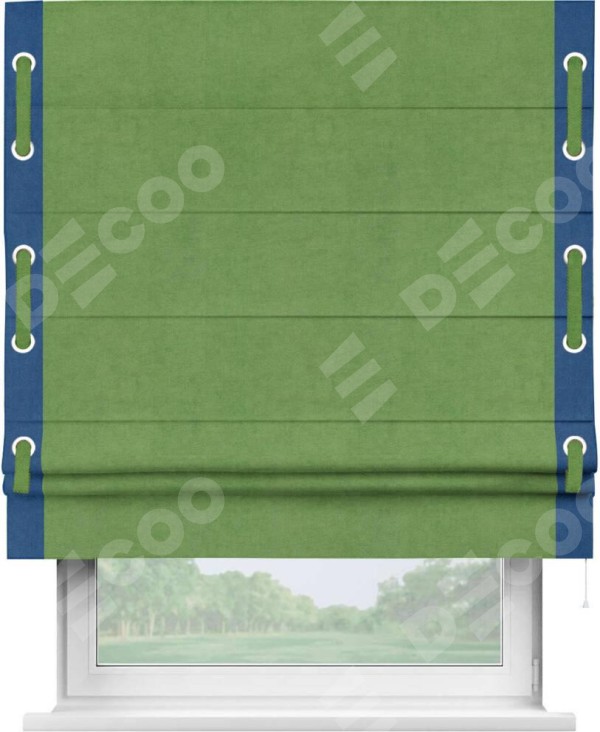 Римская штора «Кортин» с кантом Стрим Дуо (люверсы с пояском), для проема, ткань вельвет салатовый