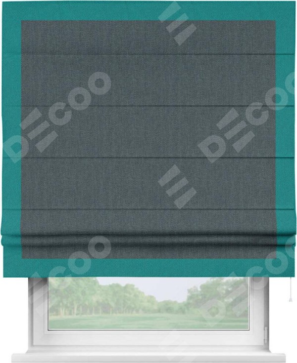 Римская штора «Кортин» с кантом Чесс, для проема, ткань лён димаут, серо-синий