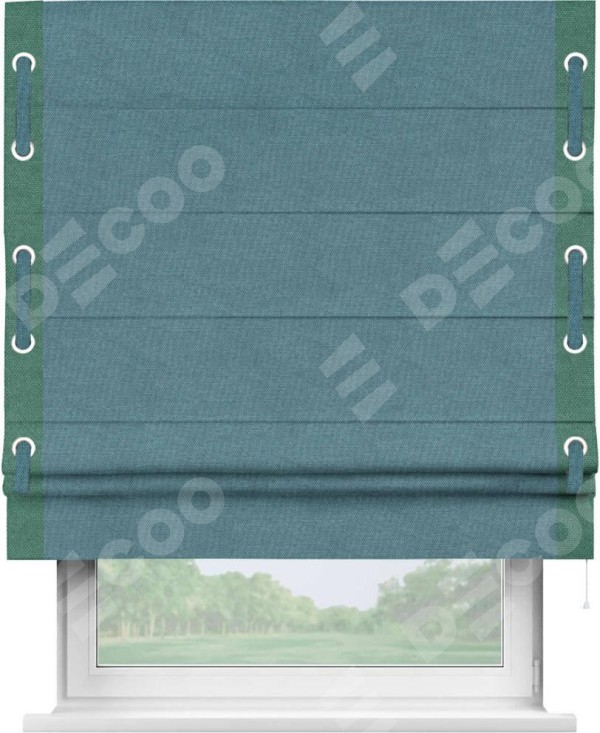 Римская штора «Кортин» для проема, лён димаут светло-синий с кантом Стрим Дуо (люверсы с пояском)