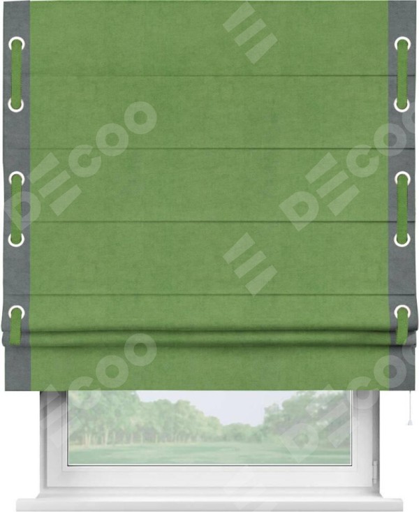 Римская штора «Кортин» с кантом Стрим Дуо (люверсы с пояском), для проема, ткань вельвет салатовый