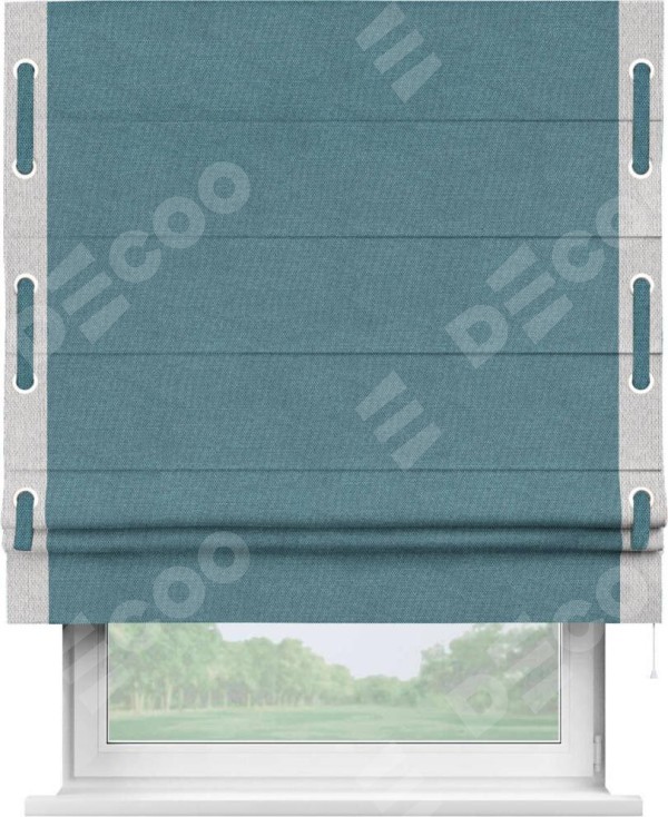 Римская штора «Кортин» для проема, лён димаут светло-синий с кантом Стрим Дуо (люверсы с пояском)