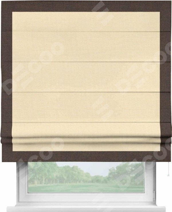 Римская штора «Кортин» с кантом Чесс, для проема, выполнена в ткани лён бежевый