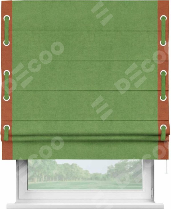 Римская штора «Кортин» с кантом Стрим Дуо (люверсы с пояском), для проема, ткань вельвет салатовый
