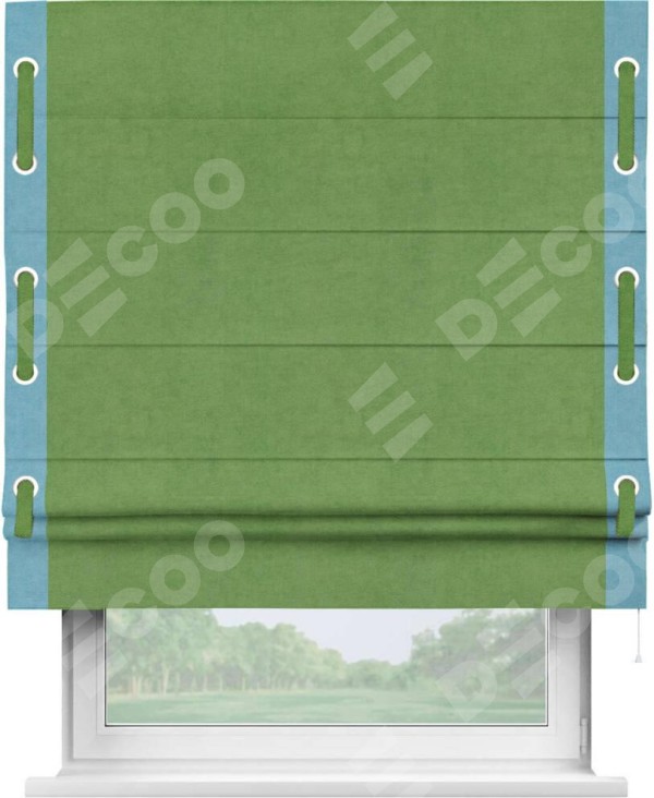Римская штора «Кортин» с кантом Стрим Дуо (люверсы с пояском), для проема, ткань вельвет салатовый