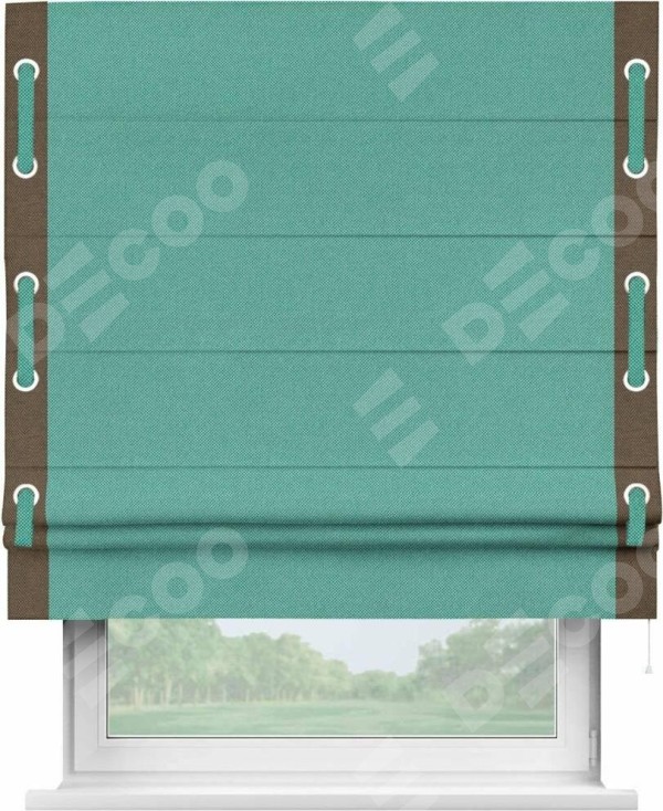 Римская штора «Кортин» с кантом Стрим Дуо (люверсы с пояском), для проема, ткань лён димаут, бирюзовый