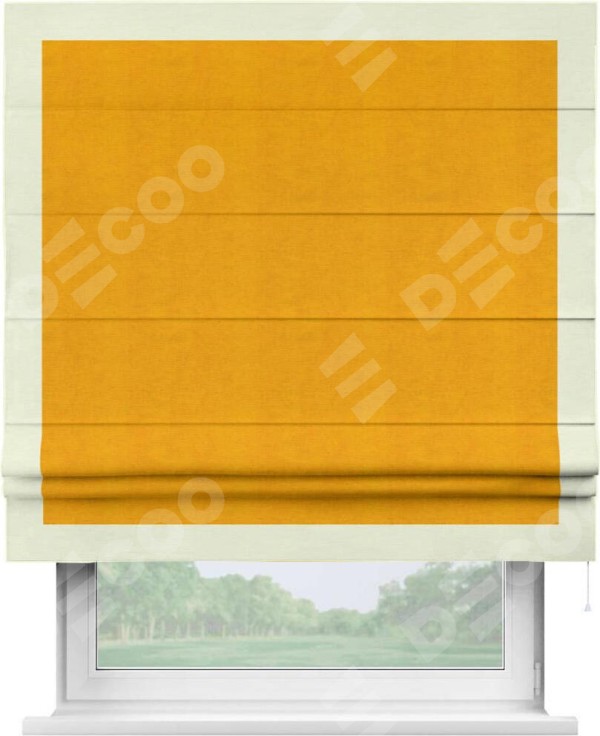 Римская штора «Кортин» с кантом Чесс, для проема, ткань вельвет желтый