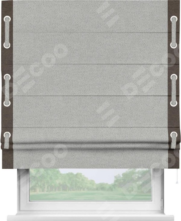 Римская штора «Кортин» для проема, твид блэкаут светло-серый, с кантом Стрим Дуо (люверсы с пояском)