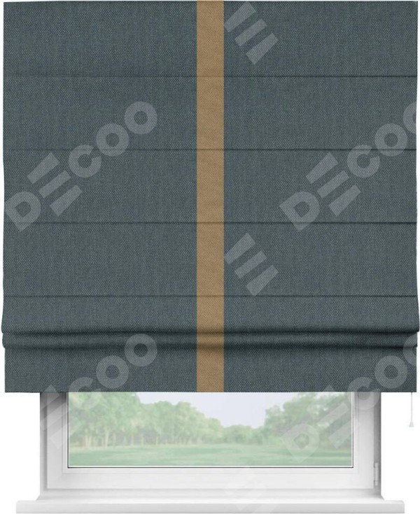 Римская штора «Кортин» с кантом Хайвэй, для проема, ткань лён димаут, серо-синий