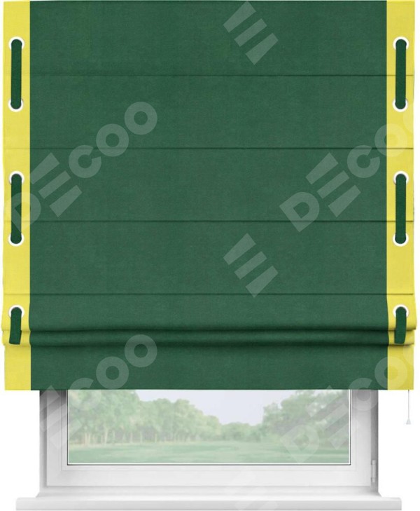Римская штора «Кортин» с кантом Стрим Дуо (люверсы с пояском), для проема, ткань вельвет зеленый