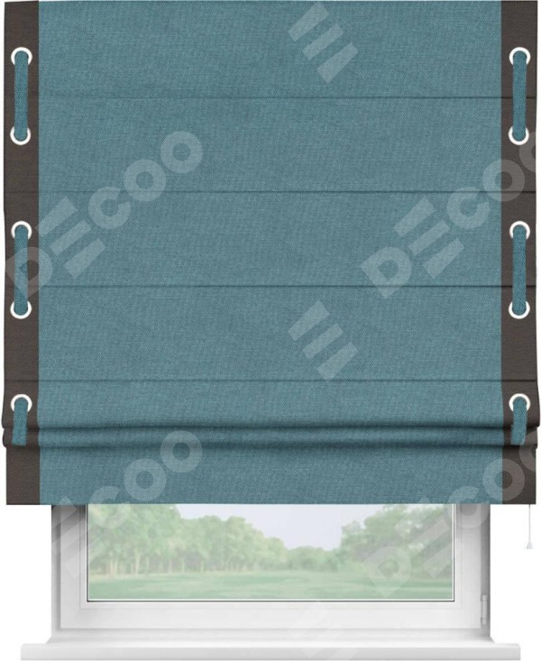 Римская штора «Кортин» для проема, лён димаут светло-синий с кантом Стрим Дуо (люверсы с пояском)