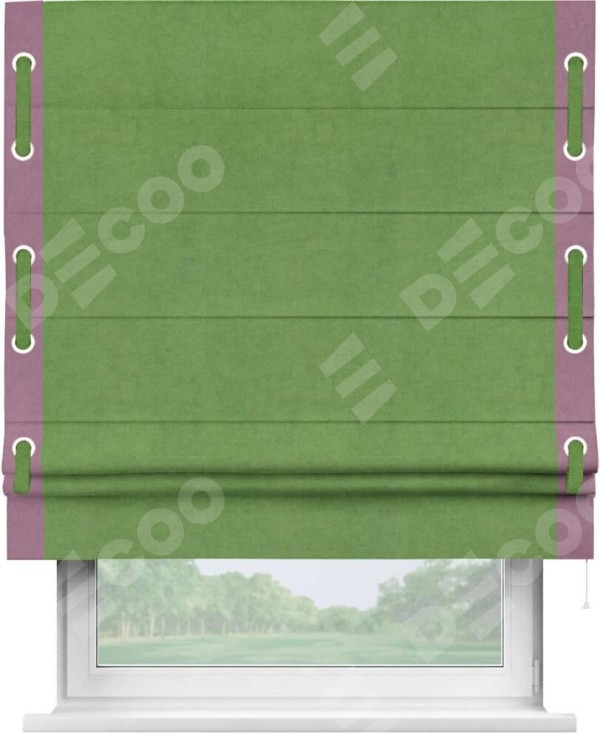Римская штора «Кортин» с кантом Стрим Дуо (люверсы с пояском), для проема, ткань вельвет салатовый
