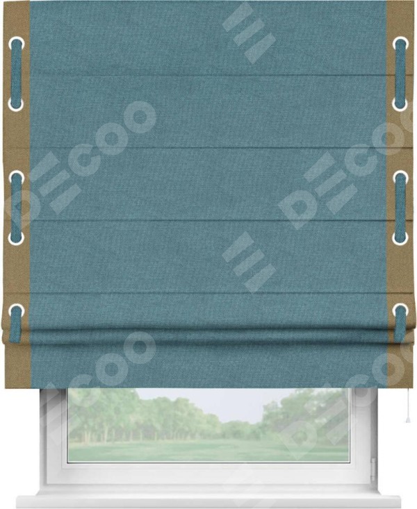 Римская штора «Кортин» для проема, лён димаут светло-синий с кантом Стрим Дуо (люверсы с пояском)