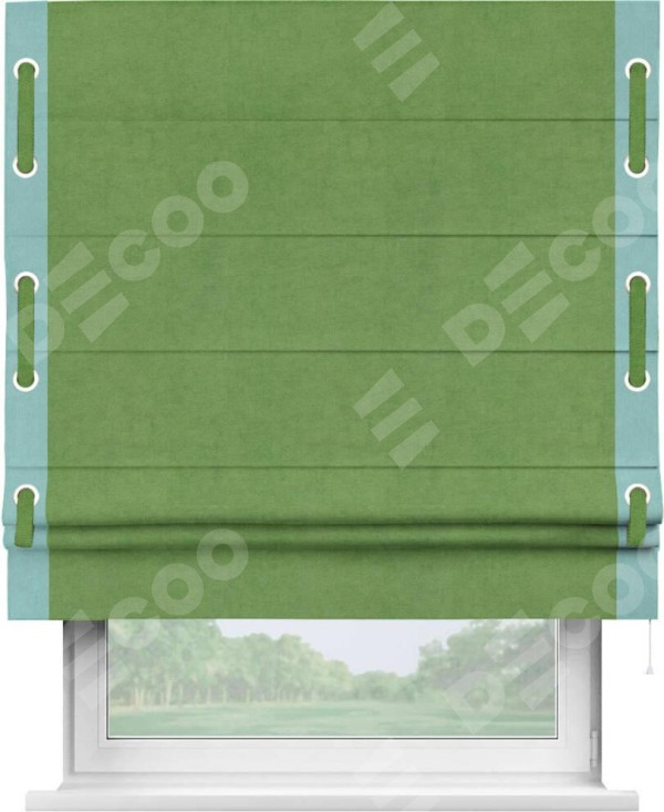 Римская штора «Кортин» с кантом Стрим Дуо (люверсы с пояском), для проема, ткань вельвет салатовый