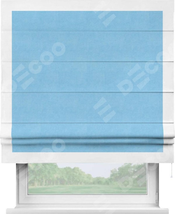 Римская штора «Кортин» с кантом Чесс, для проема, ткань вельвет голубой