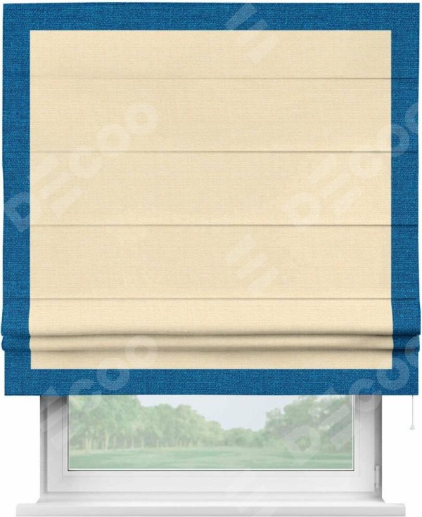 Римская штора «Кортин» с кантом Чесс, для проема, выполнена в ткани лён бежевый