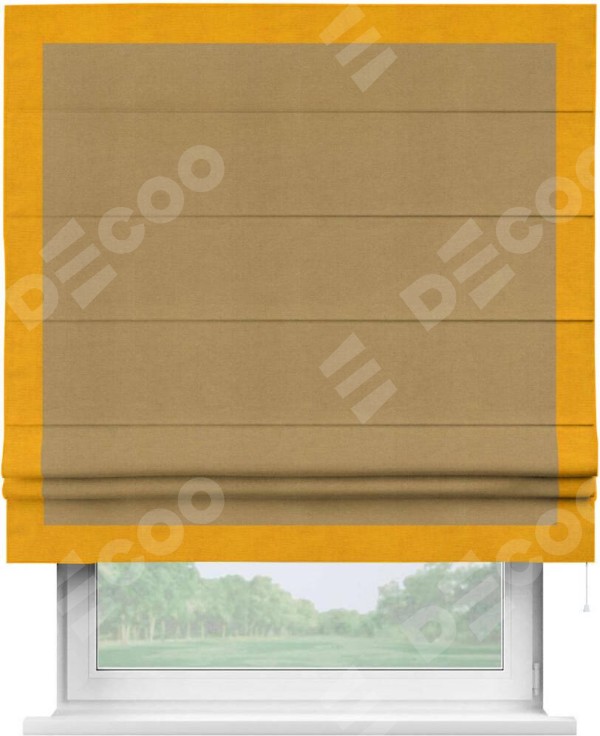 Римская штора «Кортин» с кантом Чесс, для проема, ткань вельвет горчица