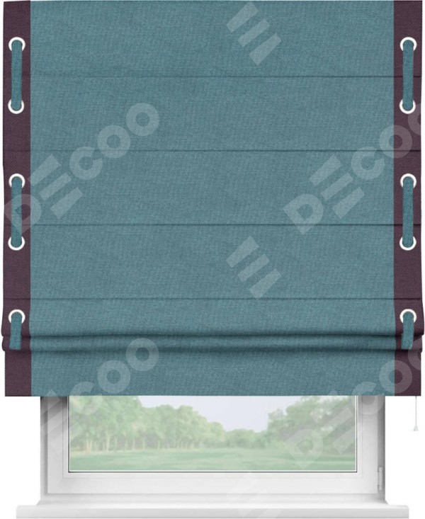 Римская штора «Кортин» для проема, лён димаут светло-синий с кантом Стрим Дуо (люверсы с пояском)