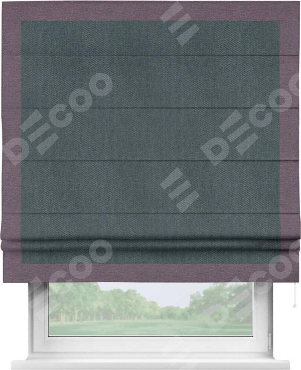 Римская штора «Кортин» с кантом Чесс, для проема, ткань лён димаут, серо-синий