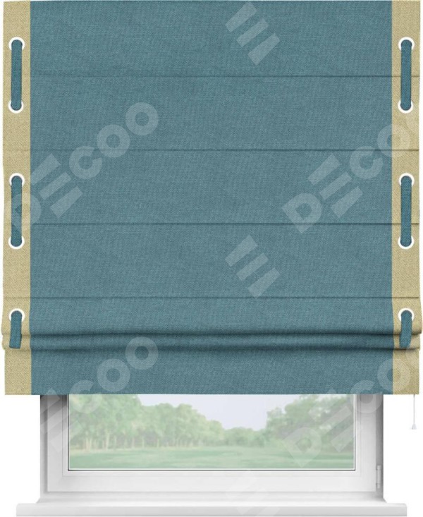 Римская штора «Кортин» для проема, лён димаут светло-синий с кантом Стрим Дуо (люверсы с пояском)