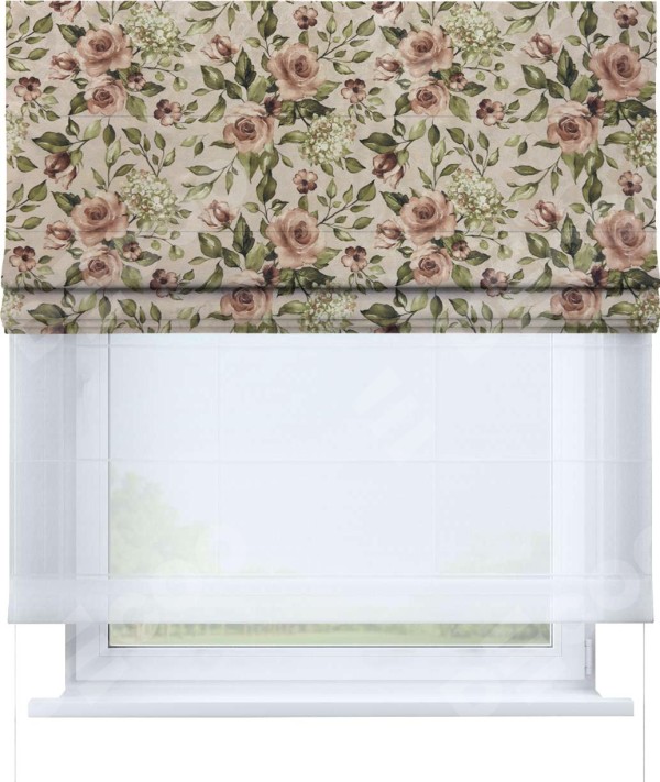 Римская штора «Кортин» день-ночь, ткань «Розы бежевые»