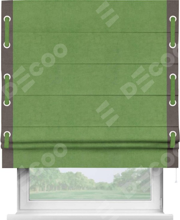 Римская штора «Кортин» с кантом Стрим Дуо (люверсы с пояском), для проема, ткань вельвет салатовый