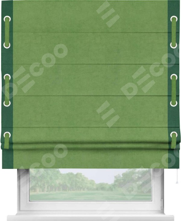 Римская штора «Кортин» с кантом Стрим Дуо (люверсы с пояском), для проема, ткань вельвет салатовый