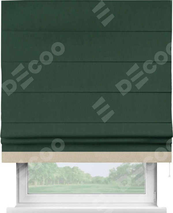 Римская штора «Кортин» для проема, блэкаут однотонный зелёный с кантом Джестер