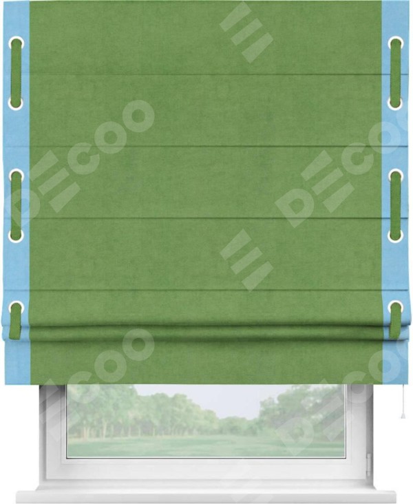Римская штора «Кортин» с кантом Стрим Дуо (люверсы с пояском), для проема, ткань вельвет салатовый