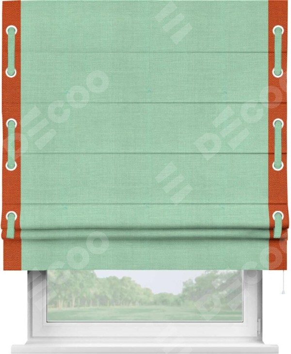 Римская штора «Кортин» с кантом Стрим Дуо (люверсы с пояском), для проема, ткань лён светло-бирюзовый