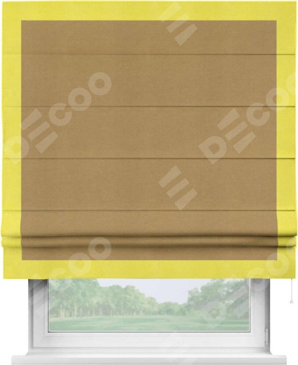 Римская штора «Кортин» с кантом Чесс, для проема, ткань вельвет горчица