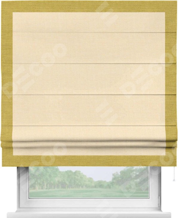 Римская штора «Кортин» с кантом Чесс, для проема, выполнена в ткани лён бежевый