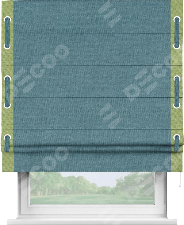 Римская штора «Кортин» для проема, лён димаут светло-синий с кантом Стрим Дуо (люверсы с пояском)