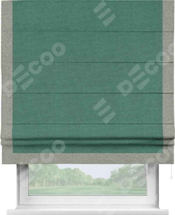 Римская штора «Кортин» для проема, лён димаут светло-бирюзовый с кантом Виктория