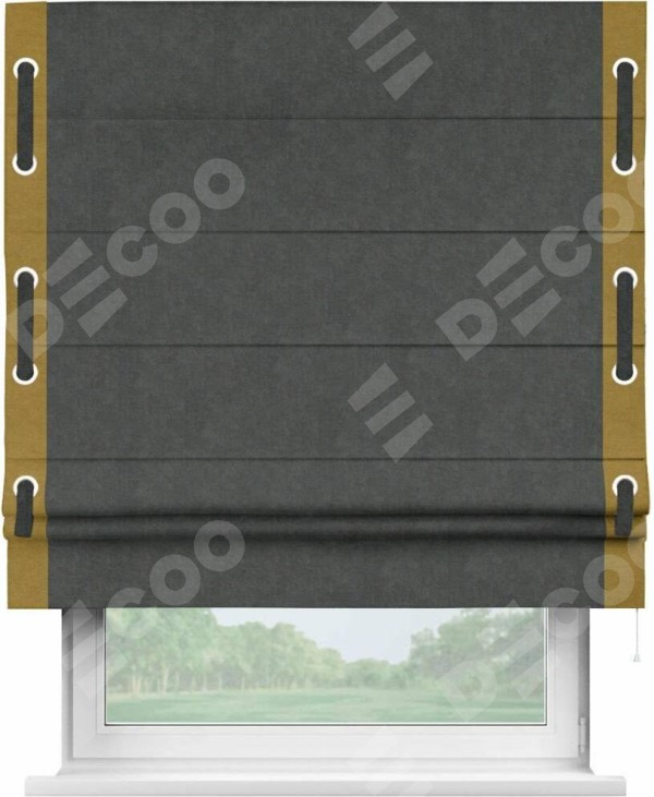 Римская штора «Кортин» с кантом Стрим Дуо (люверсы с пояском), для проема, ткань вельвет цвет тёмно-серый