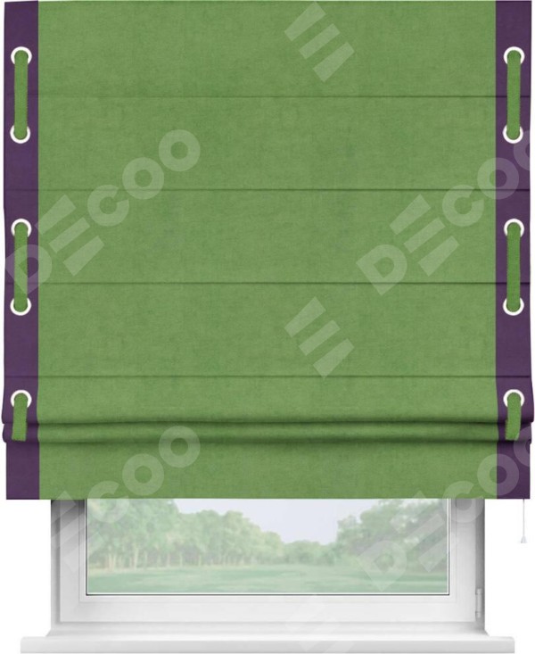 Римская штора «Кортин» с кантом Стрим Дуо (люверсы с пояском), для проема, ткань вельвет салатовый