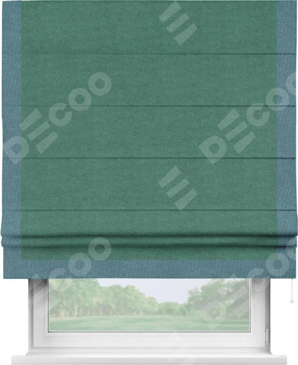 Римская штора «Кортин» для проема, лён димаут светло-бирюзовый с кантом Виктория