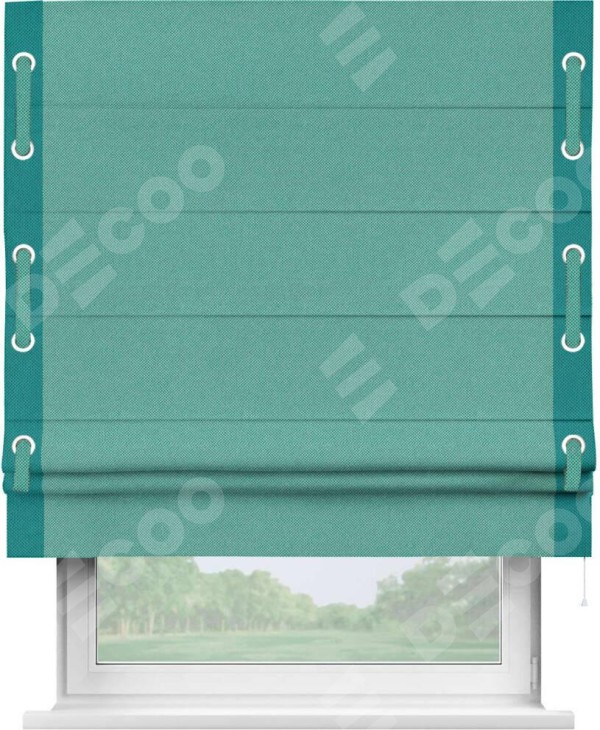 Римская штора «Кортин» с кантом Стрим Дуо (люверсы с пояском), для проема, ткань лён димаут, бирюзовый