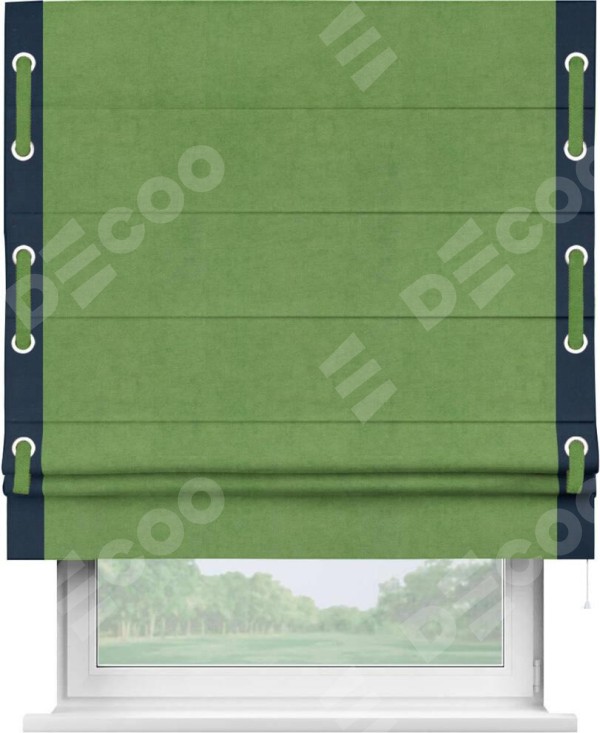 Римская штора «Кортин» с кантом Стрим Дуо (люверсы с пояском), для проема, ткань вельвет салатовый