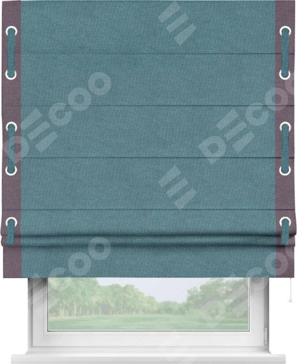 Римская штора «Кортин» для проема, лён димаут светло-синий с кантом Стрим Дуо (люверсы с пояском)