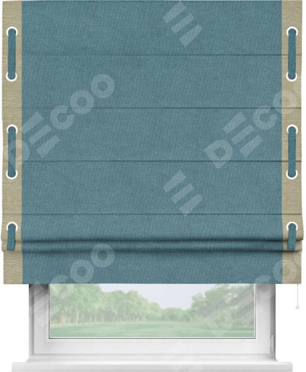 Римская штора «Кортин» для проема, лён димаут светло-синий с кантом Стрим Дуо (люверсы с пояском)