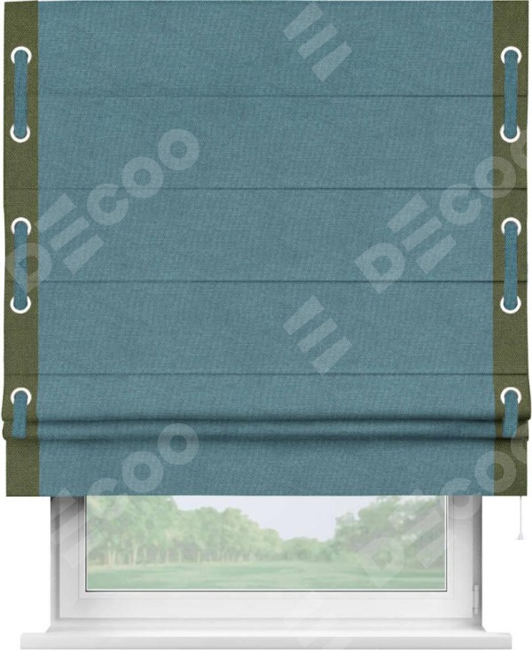 Римская штора «Кортин» для проема, лён димаут светло-синий с кантом Стрим Дуо (люверсы с пояском)