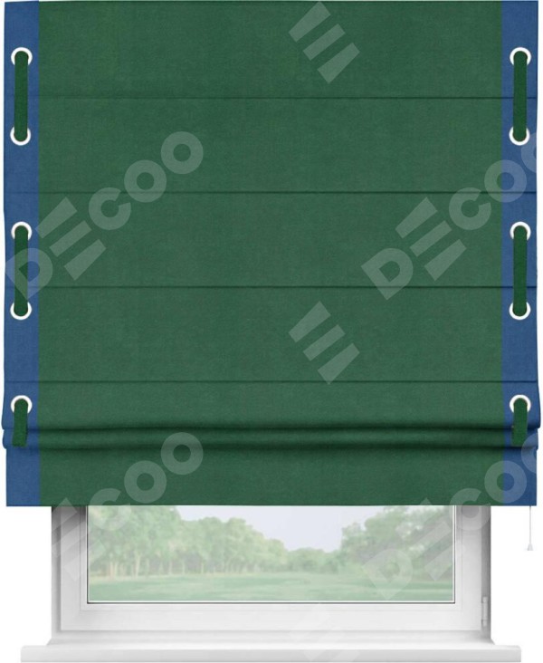 Римская штора «Кортин» с кантом Стрим Дуо (люверсы с пояском), для проема, ткань вельвет зеленый