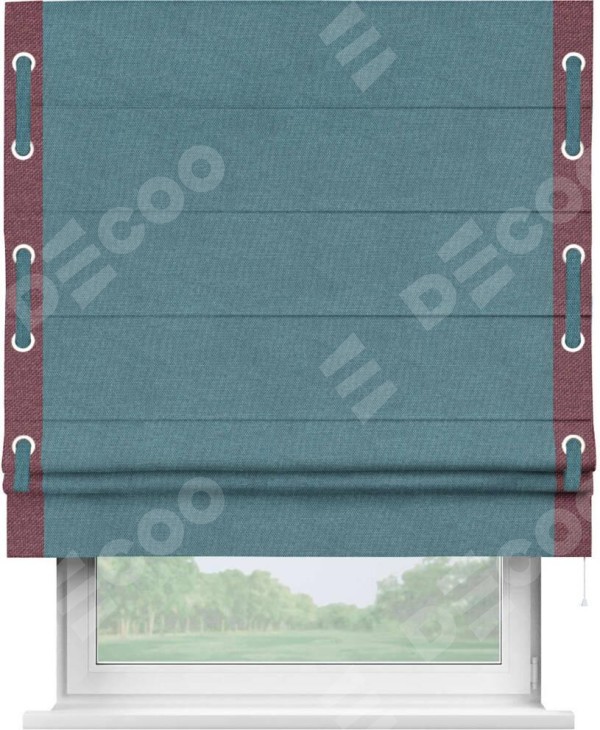 Римская штора «Кортин» для проема, лён димаут светло-синий с кантом Стрим Дуо (люверсы с пояском)