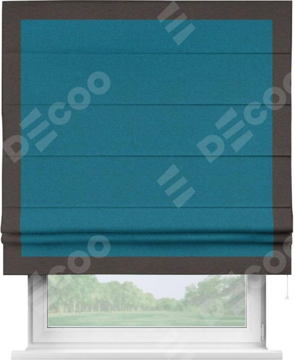 Римская штора «Кортин» с кантом Чесс, для проема, ткань лён димаут, светло-синий