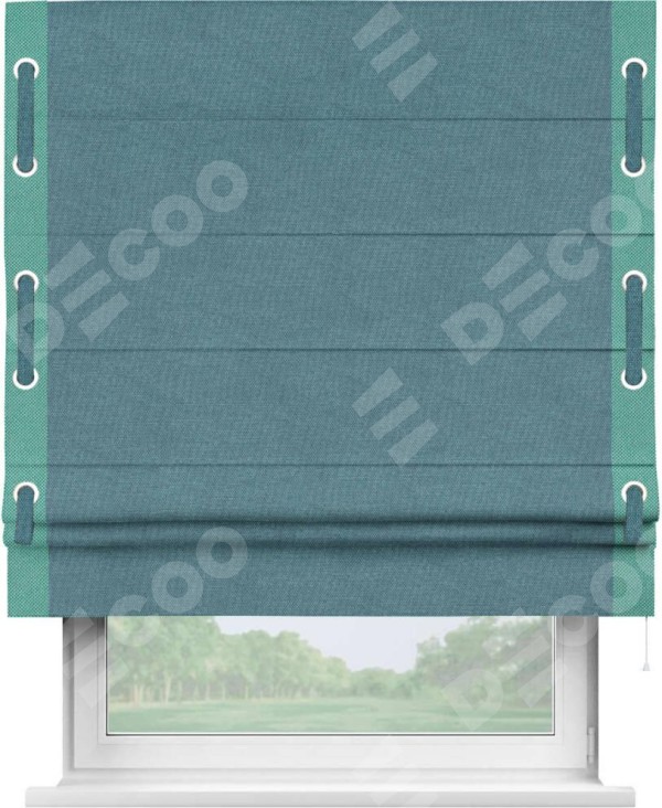 Римская штора «Кортин» для проема, лён димаут светло-синий с кантом Стрим Дуо (люверсы с пояском)
