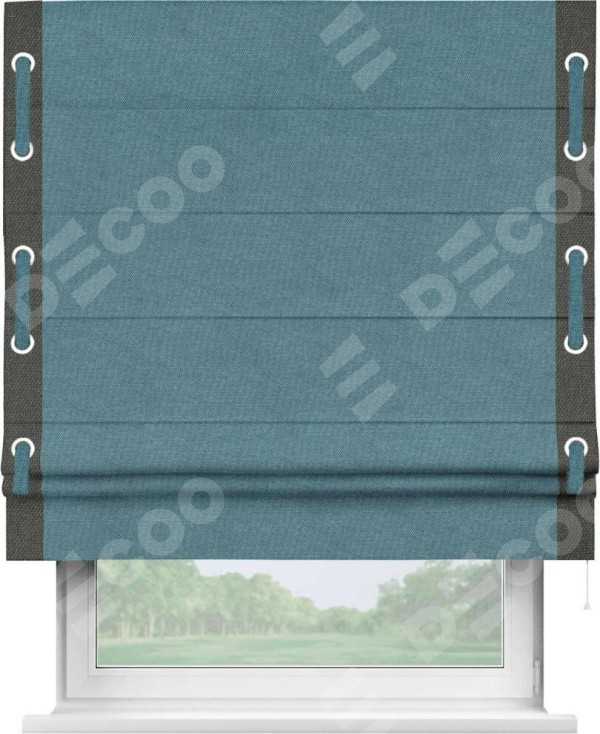 Римская штора «Кортин» для проема, лён димаут светло-синий с кантом Стрим Дуо (люверсы с пояском)