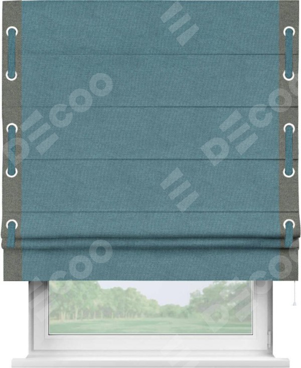 Римская штора «Кортин» для проема, лён димаут светло-синий с кантом Стрим Дуо (люверсы с пояском)