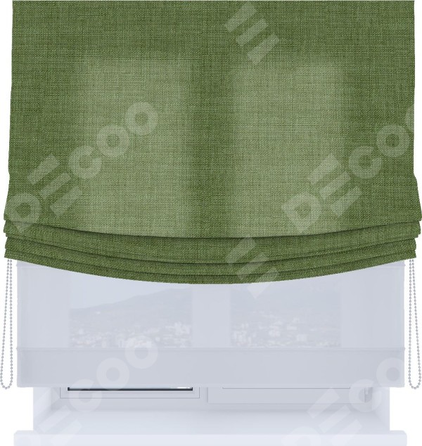 Римская штора «Кортин», лён зелёный, день-ночь с мягкими складками